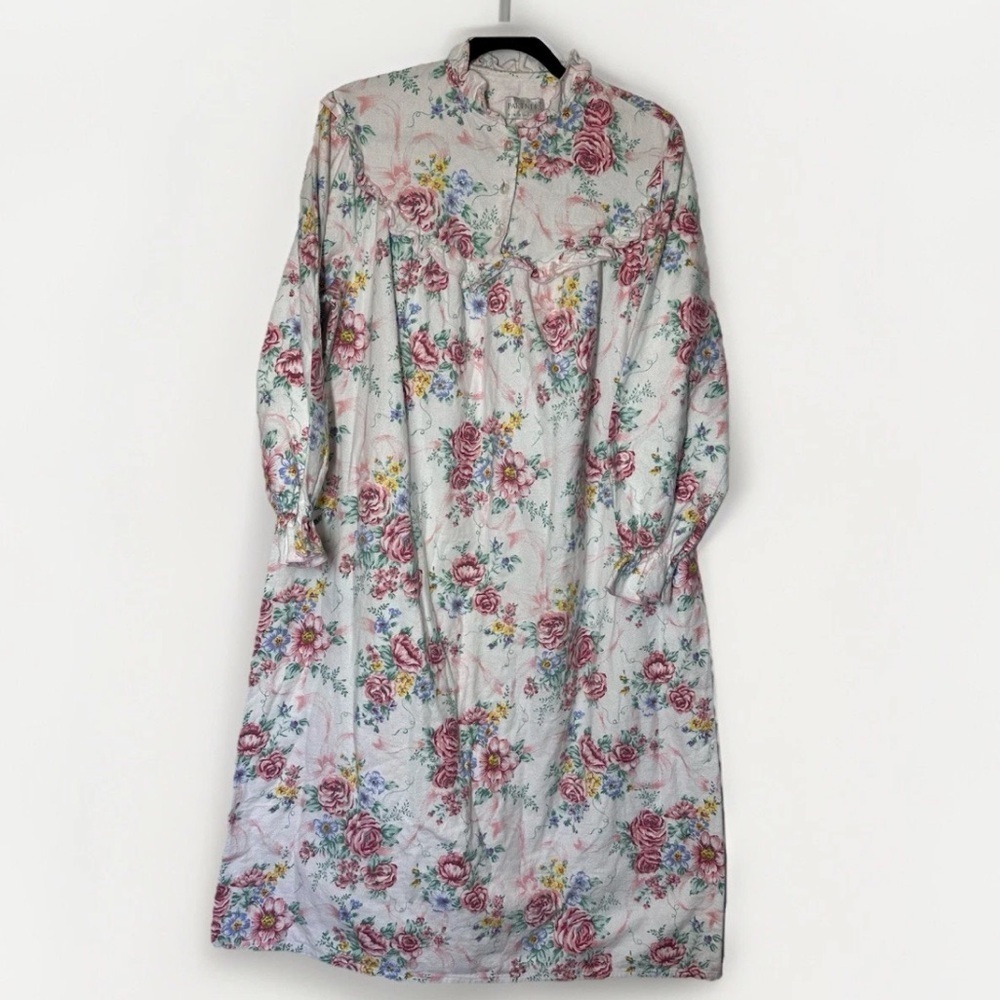 Vintage Mervyns Partners Pink Floral Long Flannel Nightgown L Cottagecore Ruffle